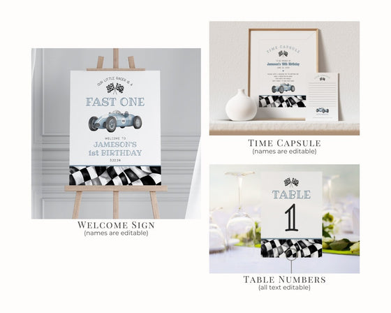 Blue Race Car First Birthday Bundle Template, instant download fast one 1st birthday bundle for boy, Racing Retro Vintage Car Birthday