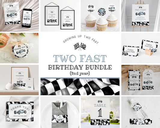 Blue Race Car TWO Fast Birthday Bundle Template, instant download 2nd birthday bundle for boy, Editable Racing Retro Vintage Car Birthday