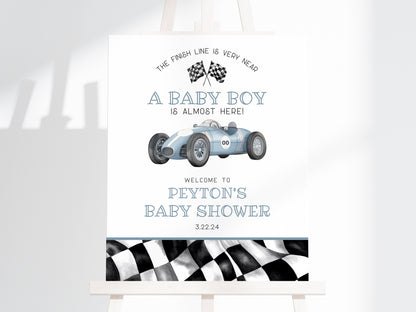 Blue Race Car Baby Shower Welcome Sign Template, instant download race on over baby shower template for boy, retro vintage racecar party