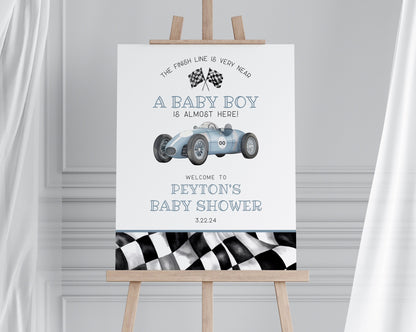 Blue Race Car Baby Shower Welcome Sign Template, instant download race on over baby shower template for boy, retro vintage racecar party