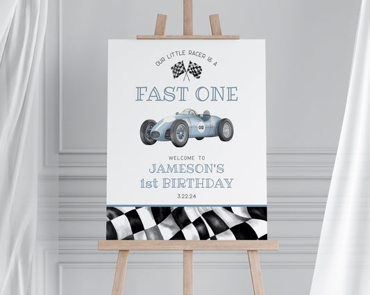 Blue Race Car First Birthday Fast ONE Welcome Sign template, instant download race on over birthday party template for boy, vintage racecar