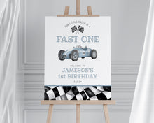  Blue Race Car First Birthday Fast ONE Welcome Sign template, instant download race on over birthday party template for boy, vintage racecar