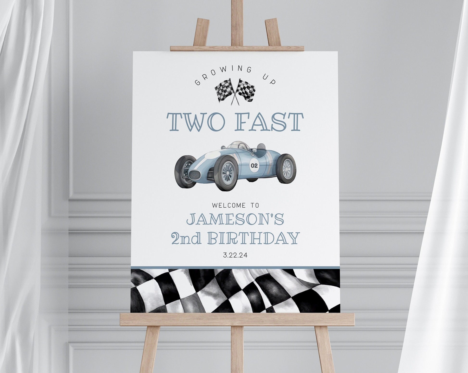 Blue Race Car Second Birthday TWO Fast Welcome Sign template, instant download race on over birthday party template for boy, vintage racecar