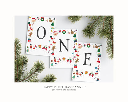 Oh What Fun it is to be One First Birthday Bundle Printable, template instant download Christmas gender neutral Winter 1st birthday party