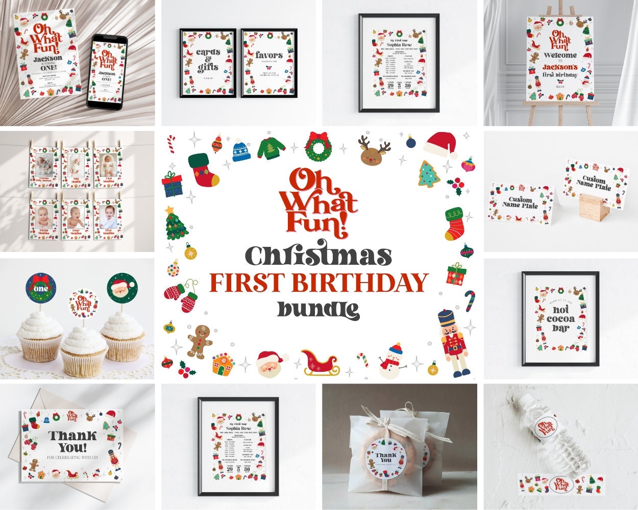 Oh What Fun it is to be One First Birthday Bundle Printable, template instant download Christmas gender neutral Winter 1st birthday party