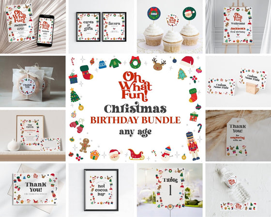 Oh What Fun Birthday Bundle Printable Template, December instant download Christmas gender neutral Winter holiday birthday party for boy