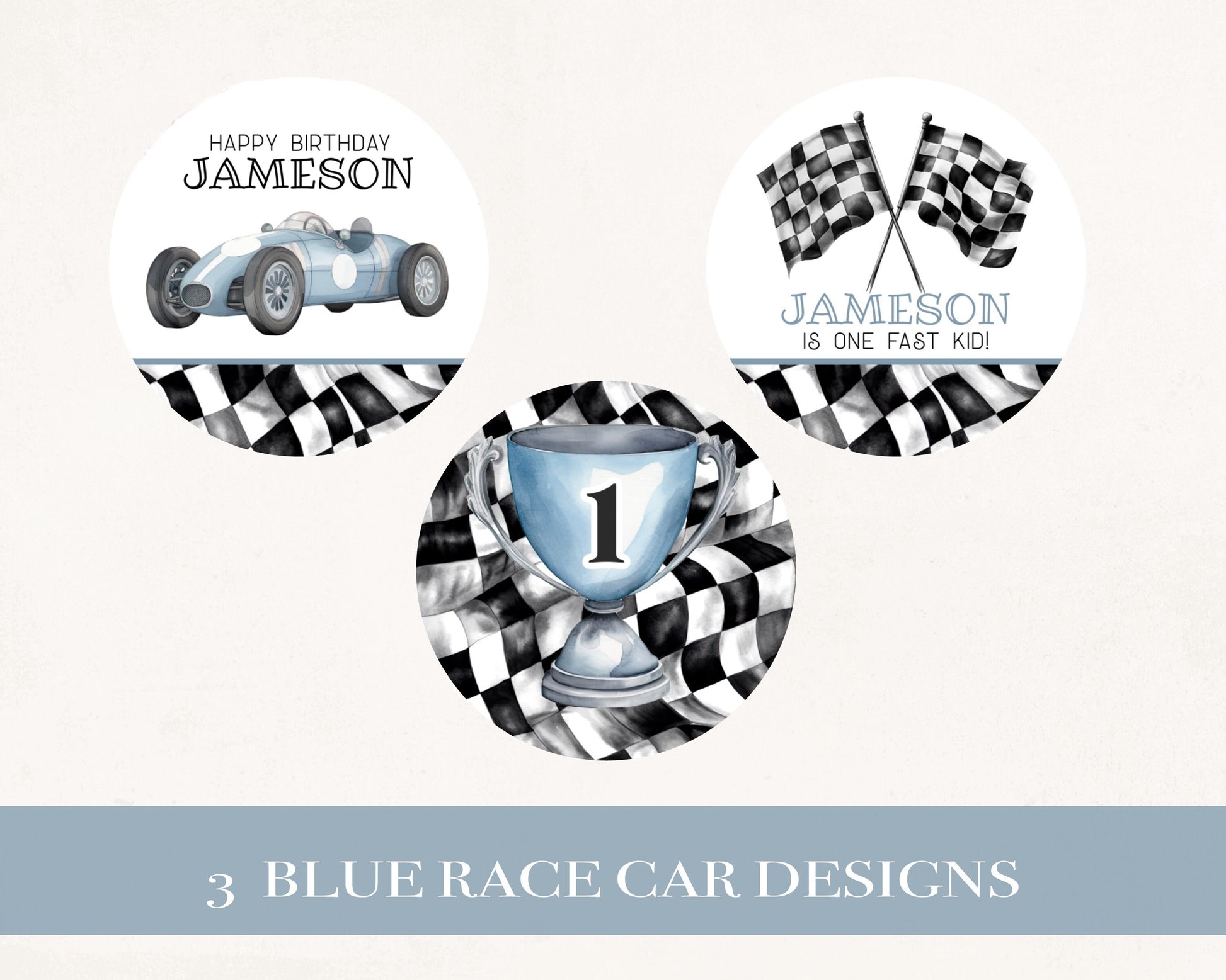 Blue Race Car Our Little Racer is a Fast ONE 1st Birthday Cupcake Toppers Printable Template, race on over boy birthday instant download