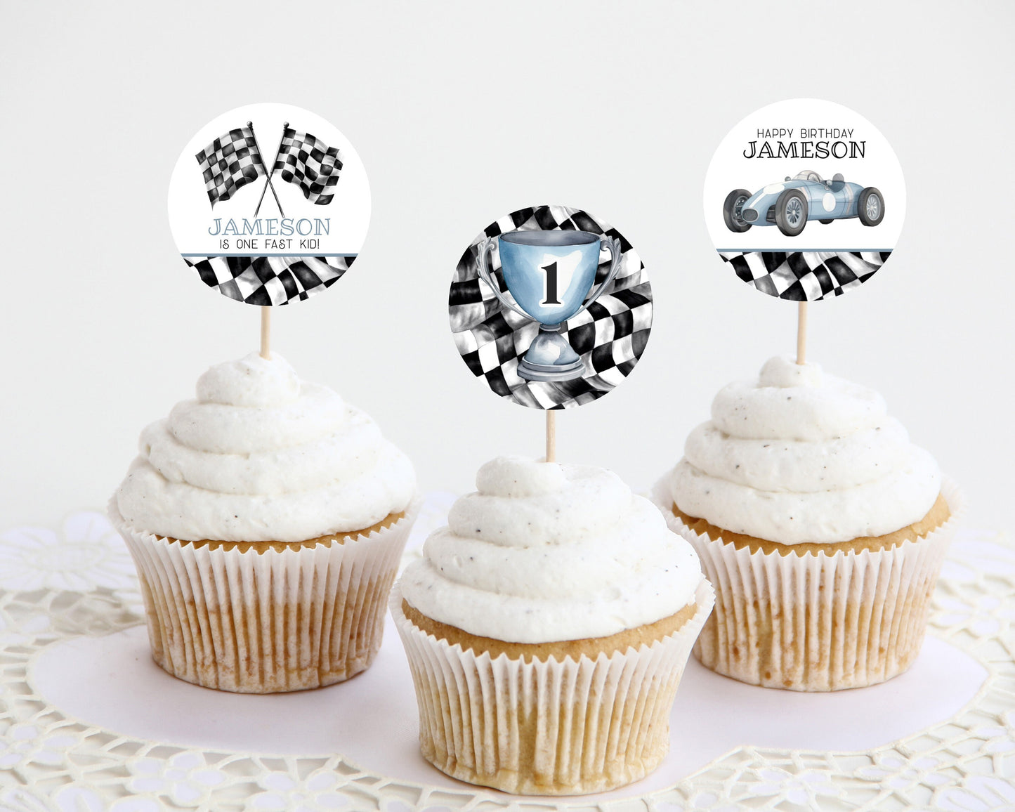 Blue Race Car Our Little Racer is a Fast ONE 1st Birthday Cupcake Toppers Printable Template, race on over boy birthday instant download