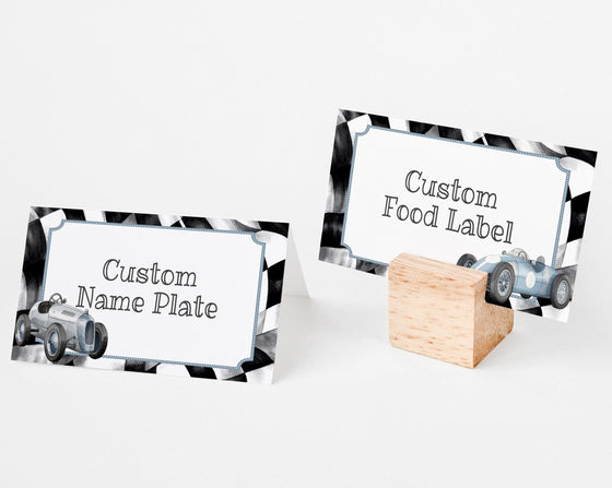 Blue Race Car Place Cards Instant Download, race car Baby Shower or boy Birthday Party, our little racer is growing up two fast, fast one