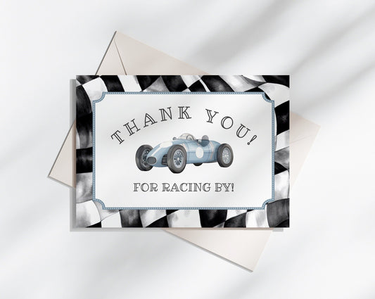 Blue Race Car Thank You Card Printable, instant download birthday or baby shower for boy our little racer is a fast one, growing up two fast