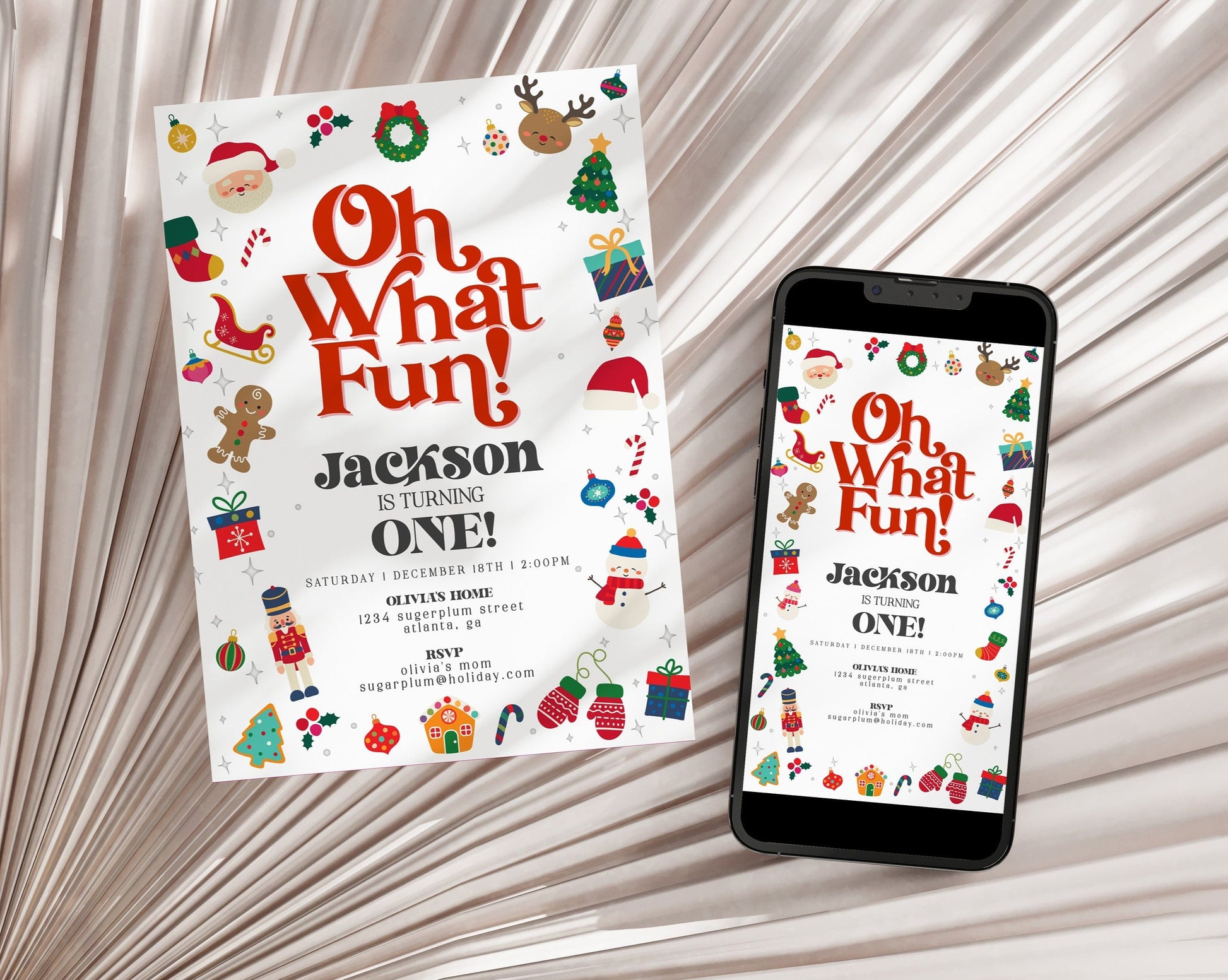 Oh What Fun Christmas Birthday Invitation Template, instant download winter birthday gender neutral birthday boy