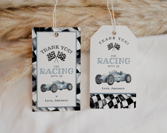 Blue Race Car Baby Shower Favor Tags Printable Template, Little Racer is Growing Up TWO Fast, Race on Over Baby Shower Tag