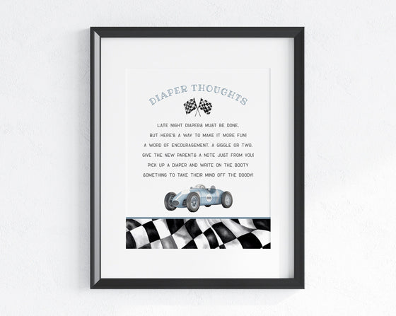 Blue Race Car Baby Shower Diaper Thoughts Sign Instant Download, Little Racer is on the Way Race on Over Boy Baby Shower Printable Template