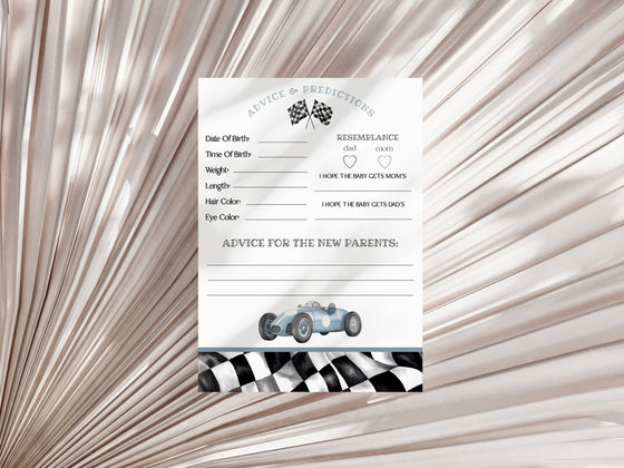 Blue Race Car Advice for Baby Cards Instant Download, Little Racer is on the Way Boy Baby Shower,