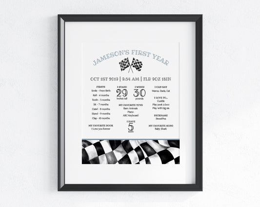 Blue Race Car First Year Milestone Sign Instant Download, Little Racer is a Fast ONE First Birthday Milestone Sign Boy Birthday, Printable