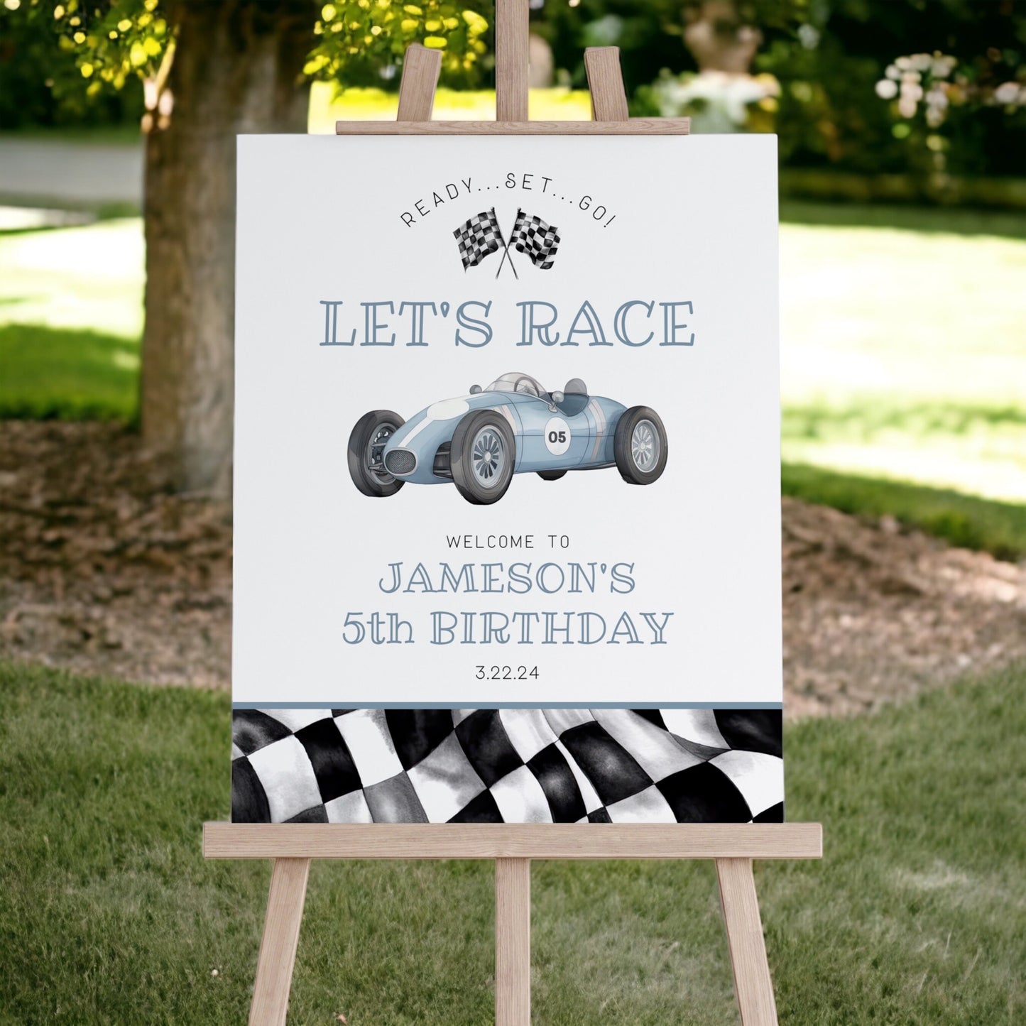 Blue Race Car Birthday Welcome Sign Printable Template, instant download race on over birthday party template for boy, let's race