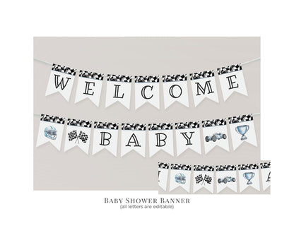 Blue Race Car Baby Shower Banner Printable Template, Race on Over Birthday for Boy, Our Little Racer is on the Way, Boy Baby Shower