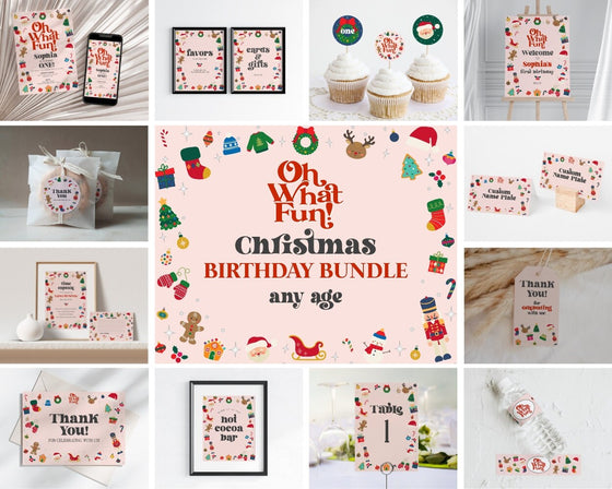 Pink Oh What Fun Birthday Bundle Printable Template, December instant download pink Christmas Winter holiday birthday party for girl