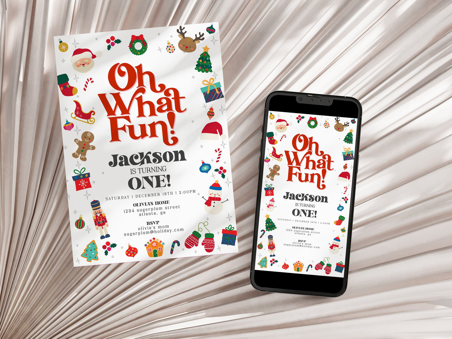 Oh What Fun Birthday Bundle Printable Template, December instant download Christmas gender neutral Winter holiday birthday party for boy