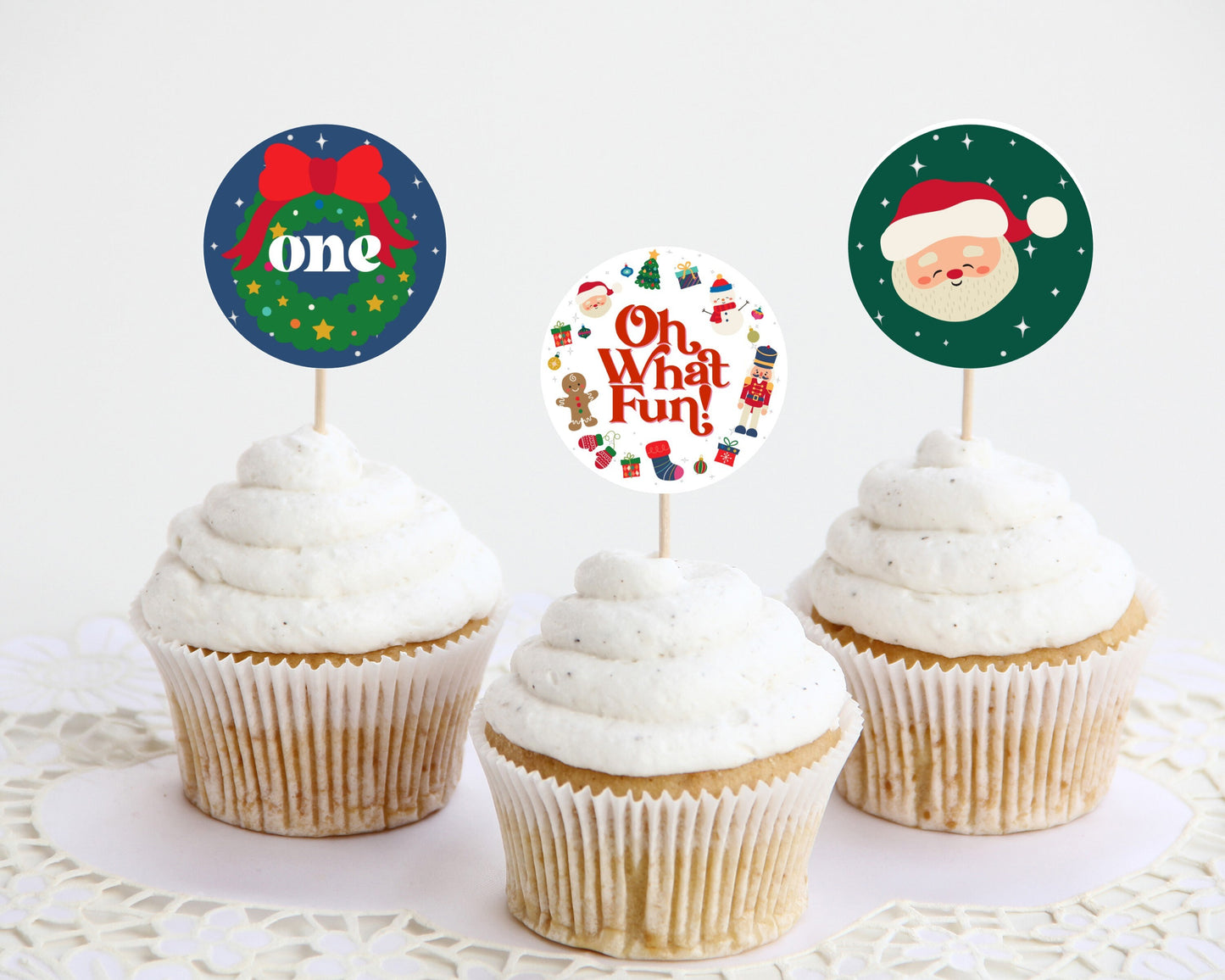 Oh What Fun Birthday Cupcake Toppers Printable, Christmas winter 1st birthday gender neutral birthday party, December birthday for boy