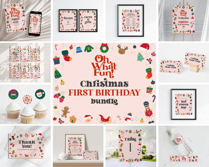 Pink Oh What Fun it is to be One First Birthday Bundle Printable, template instant download pink Christmas Winter 1st birthday party girl