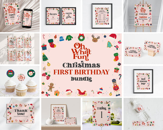 Pink Oh What Fun it is to be One First Birthday Bundle Printable, template instant download pink Christmas Winter 1st birthday party girl