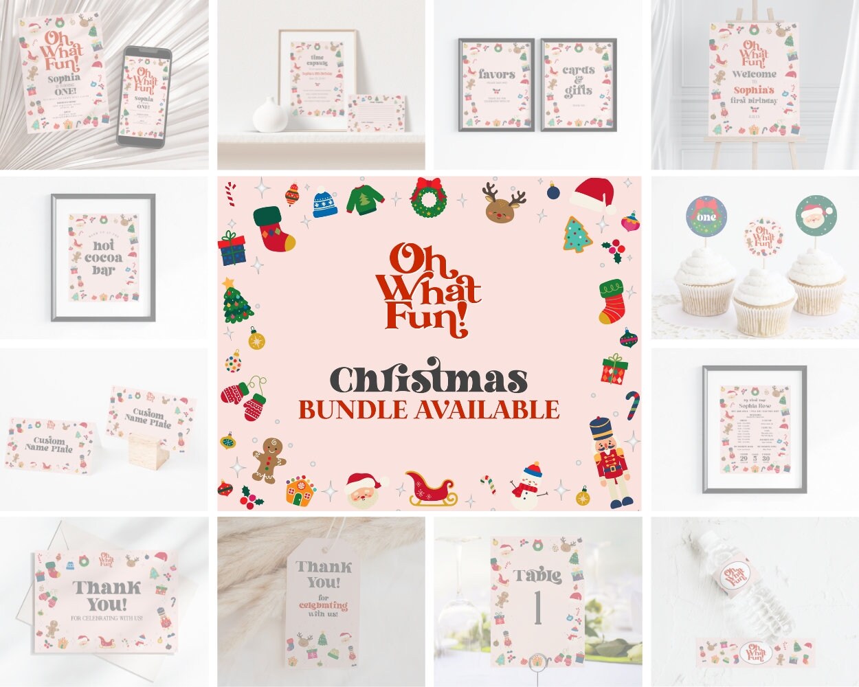 Pink Oh What Fun Christmas Milestone Banner Instant Download, Winter 1st Birthday Party for Girl, December Birthday Party Gender Neutral