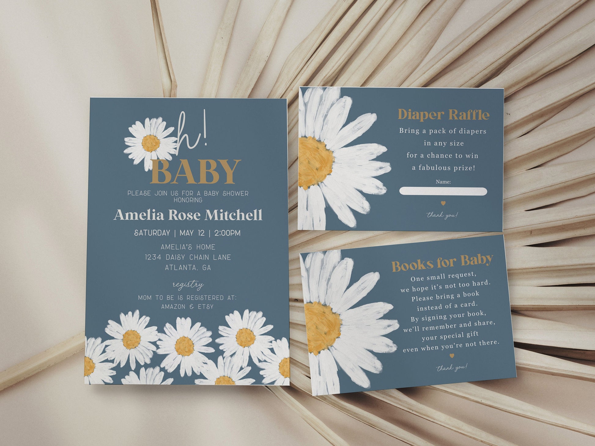 Navy Blue Daisy Oh Baby Shower Bundle Template, digital files for baby shower for girl simple Wildflower printable retro daisy baby in bloom