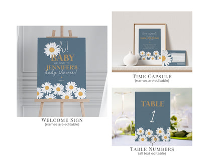 Navy Blue Daisy Oh Baby Shower Bundle Template, digital files for baby shower for girl simple Wildflower printable retro daisy baby in bloom