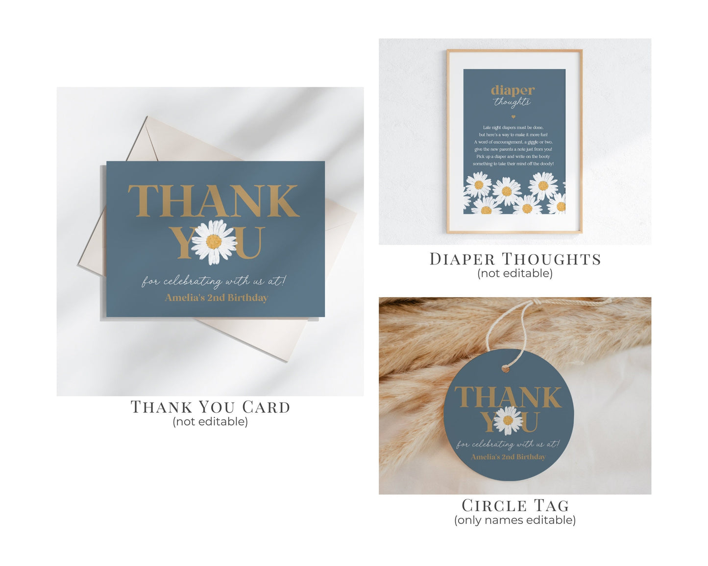 Navy Blue Daisy Oh Baby Shower Bundle Template, digital files for baby shower for girl simple Wildflower printable retro daisy baby in bloom