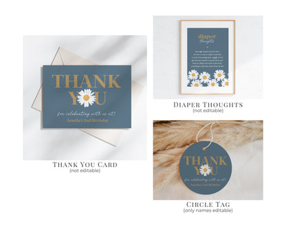 Navy Blue Daisy Oh Baby Shower Bundle Template, digital files for baby shower for girl simple Wildflower printable retro daisy baby in bloom