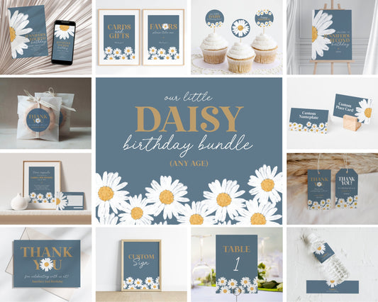 Navy Blue Daisy Birthday Bundle Template, digital files for birthday party for girl simple Wildflower printable retro daisy party decor