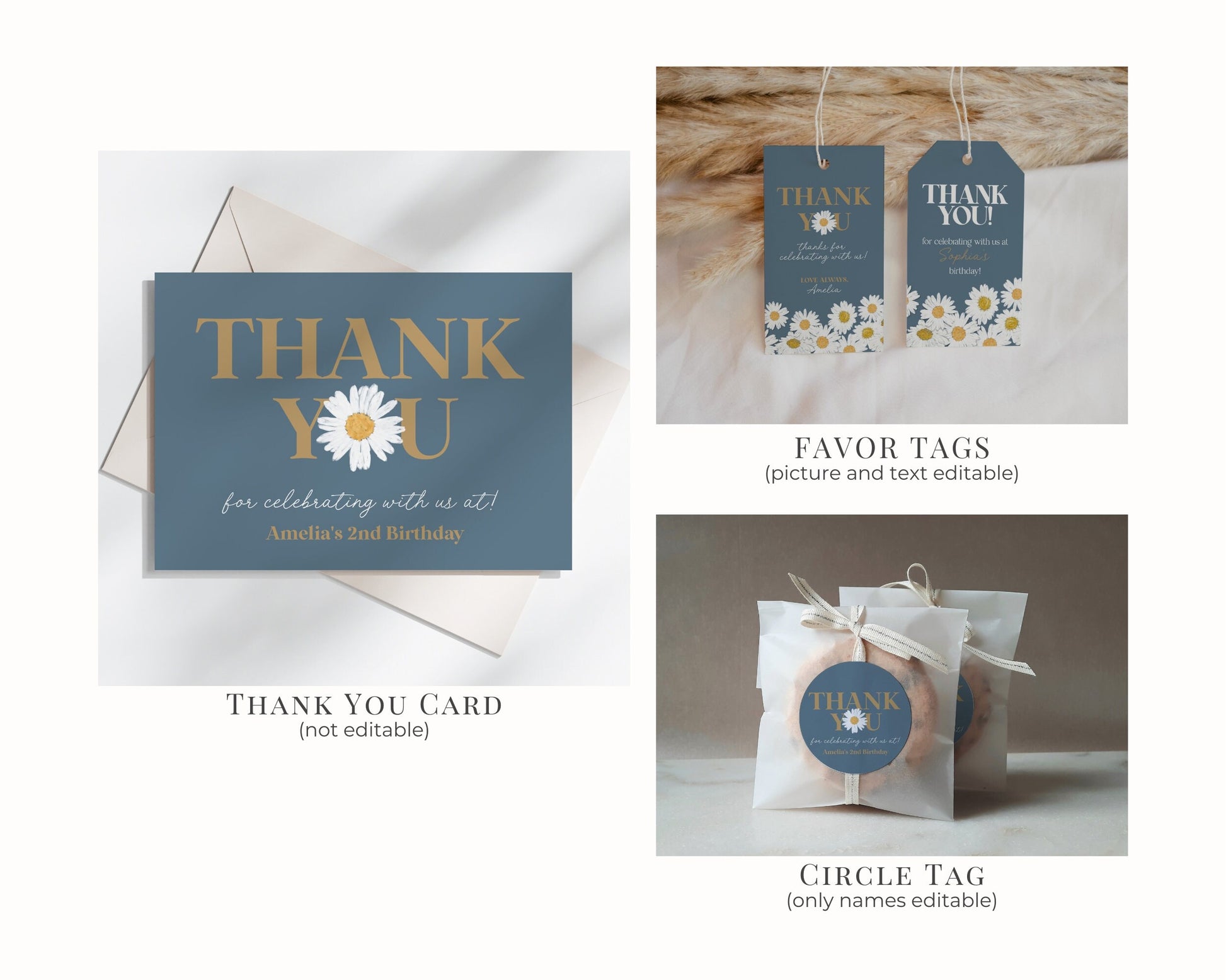 Navy Blue Daisy 2nd Birthday Bundle Template, digital files for birthday party for girl simple Wildflower printable retro daisy party decor