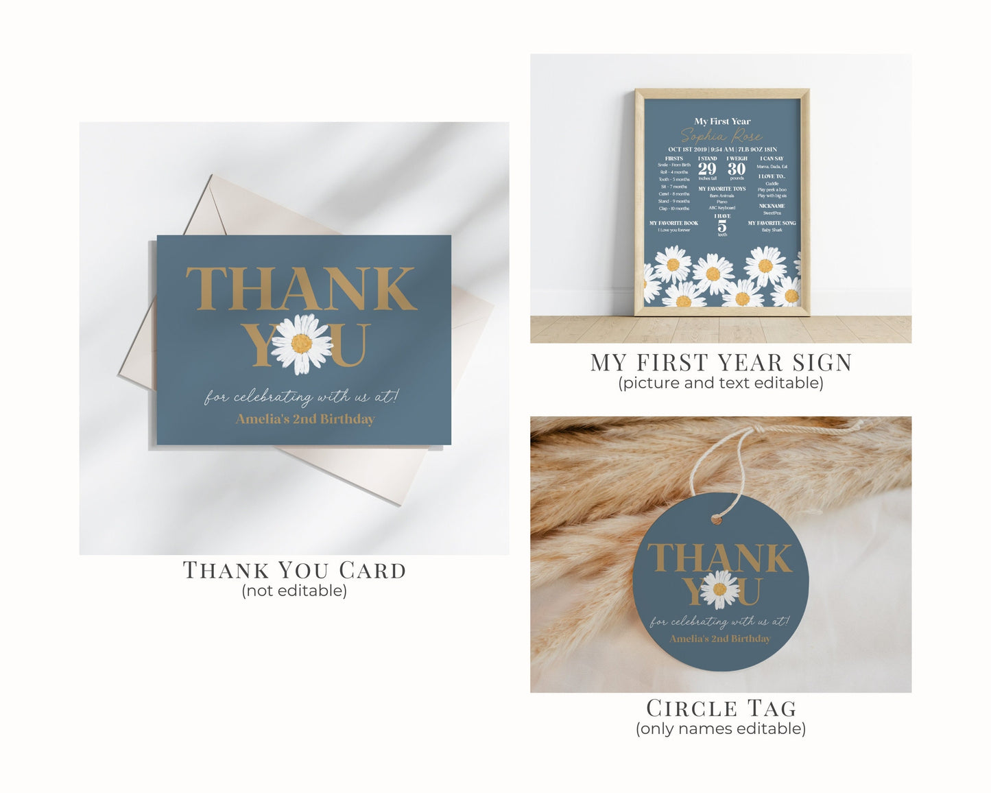 Navy Blue Daisy 1st Birthday Bundle Template, digital printable for birthday party for girl simple wildflower retro daisy birthday decor