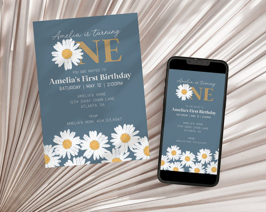 Navy Blue Daisy First Birthday Invitation Template, instant download Our little daisy simple 1st birthday for girl wildflower birthday decor