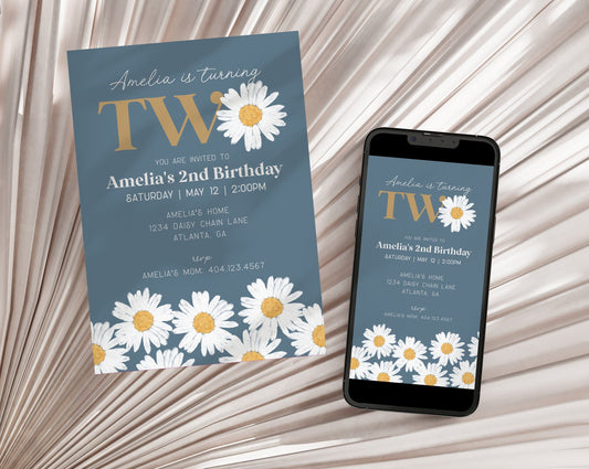 Navy Blue Daisy 2nd Birthday Invitation Template, instant download Our little daisy simple 2nd birthday for girl wildflower birthday decor