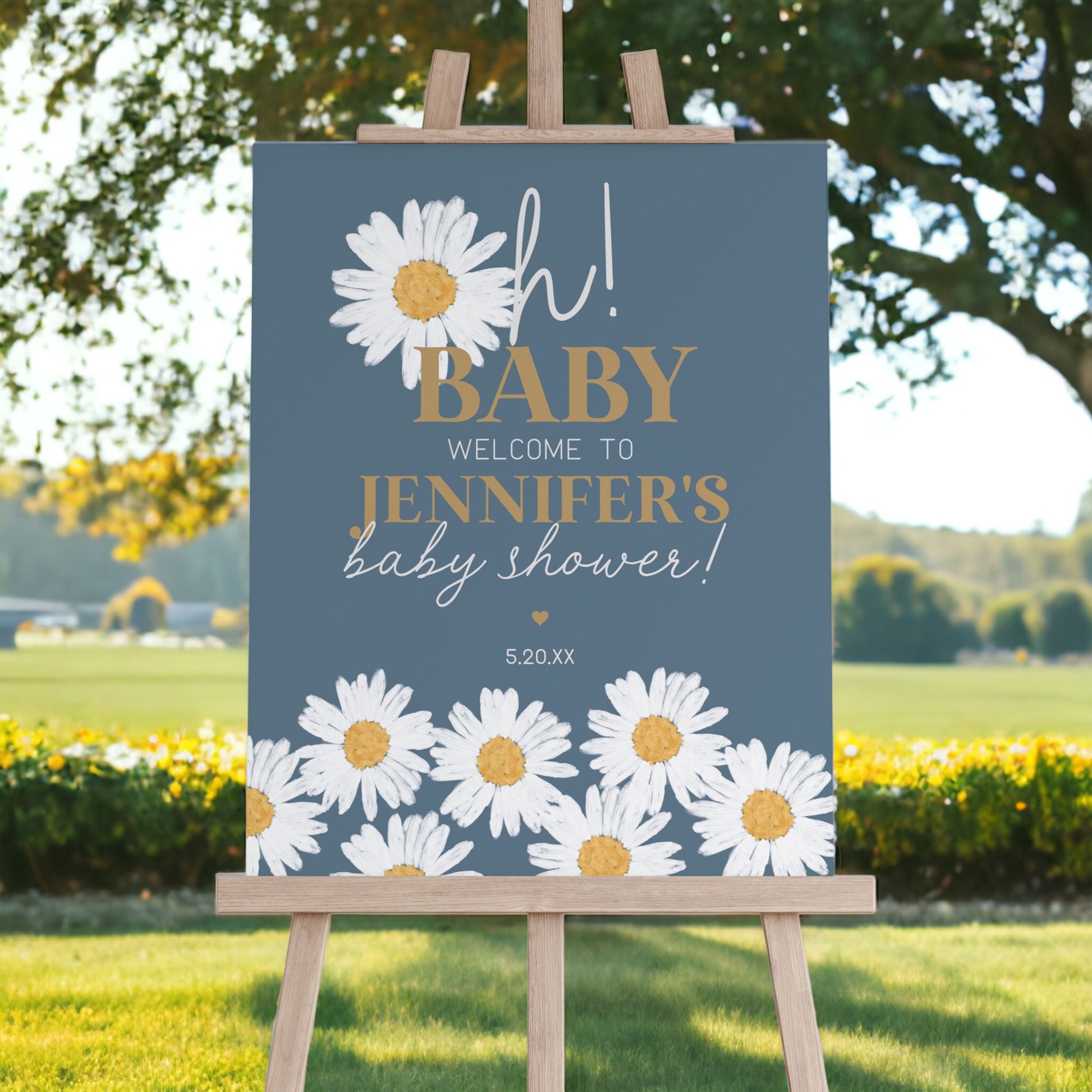 Navy Blue Daisy Baby Shower Welcome Sign Template, instant download baby in bloom boho daisy baby shower template for girl, retro birthday