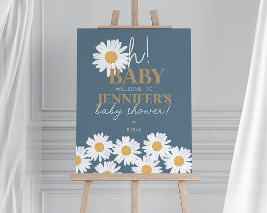 Navy Blue Daisy Baby Shower Welcome Sign Template, instant download baby in bloom boho daisy baby shower template for girl, retro birthday