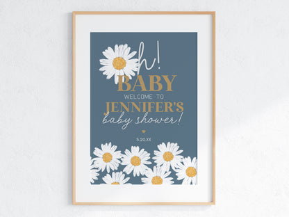 Navy Blue Daisy Baby Shower Welcome Sign Template, instant download baby in bloom boho daisy baby shower template for girl, retro birthday