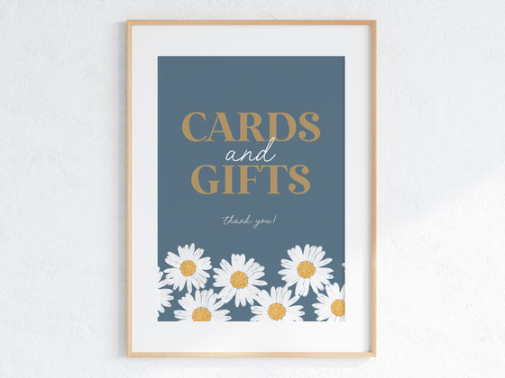 Navy Blue Daisy Cards and Gifts Sign and Favors Sign Instant Download, Retro Daisy Baby Shower or Birthday Party for Girl, Boho Floral Daisy