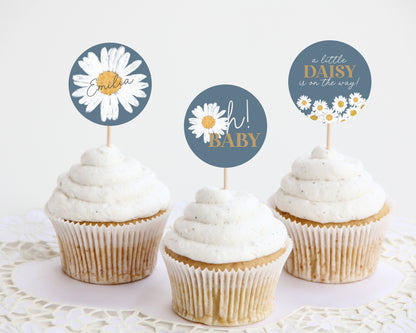 Navy Blue Daisy Baby Shower Cupcake Toppers Printable Template, boho floral baby shower decor for girl, instant download