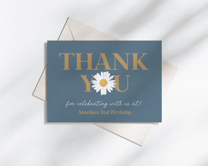 Navy Blue Daisy Thank You Card Printable, instant download wildflower birthday or baby shower for girl our little daisy is almost here