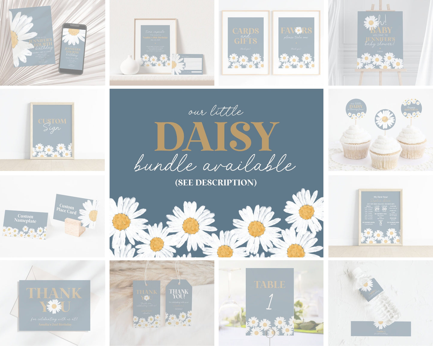 Navy Blue Daisy Thank You Card Printable, instant download wildflower birthday or baby shower for girl our little daisy is almost here