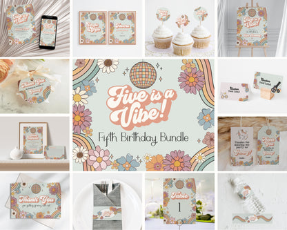 Five is a Vibe Groovy Floral Fifth Birthday Party Bundle Template, boho hippie invite for girl, 5th birthday party retro groovy party pack