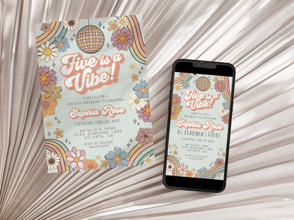 Five is a Vibe Groovy Floral Fifth Birthday Party Bundle Template, boho hippie invite for girl, 5th birthday party retro groovy party pack