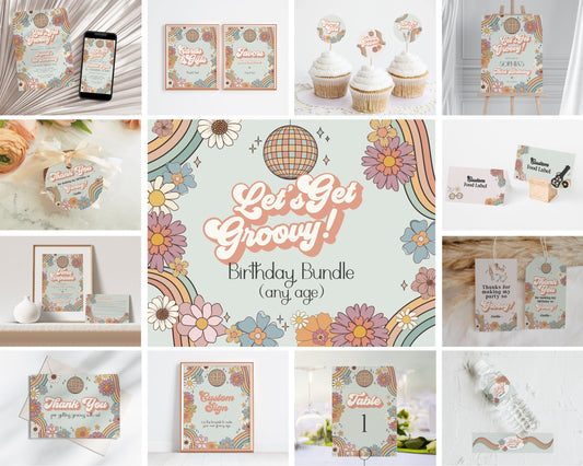 Lets Get Groovy Floral Birthday Party Bundle Template, boho hippie invite for girl, disco birthday party retro groovy party pack