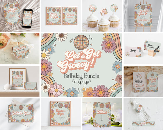 Lets Get Groovy Floral Birthday Party Bundle Template, boho hippie invite for girl, disco birthday party retro groovy party pack