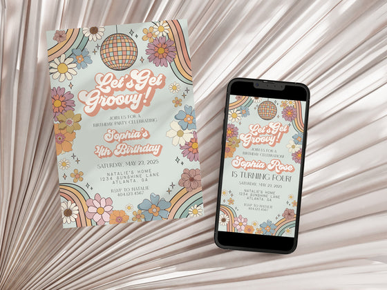 Lets Get Groovy Floral Birthday Party Bundle Template, boho hippie invite for girl, disco birthday party retro groovy party pack