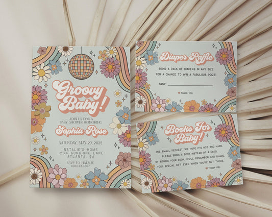 Groovy Floral Baby Shower Invitation Set Template, groovy baby girl baby shower decor, retro 70s baby shower,