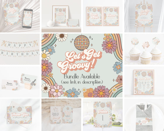 Two Groovy Floral 2nd Birthday Invitation Template Set, groovy babe second birthday party invitation, retro 70s disco birthday party evite